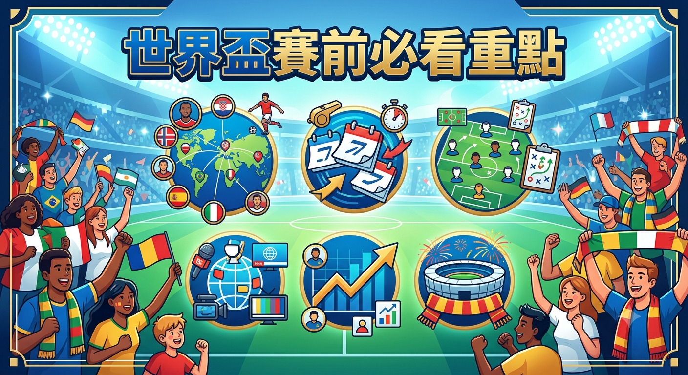 這張圖片以「世界盃賽前必看重點」為標題，展示了充滿活力的足球場背景與熱情的球迷。 圖中透過多個圖標呈現了賽事籌備、球隊戰術分析、媒體轉播及數據統計等核心賽前資訊。