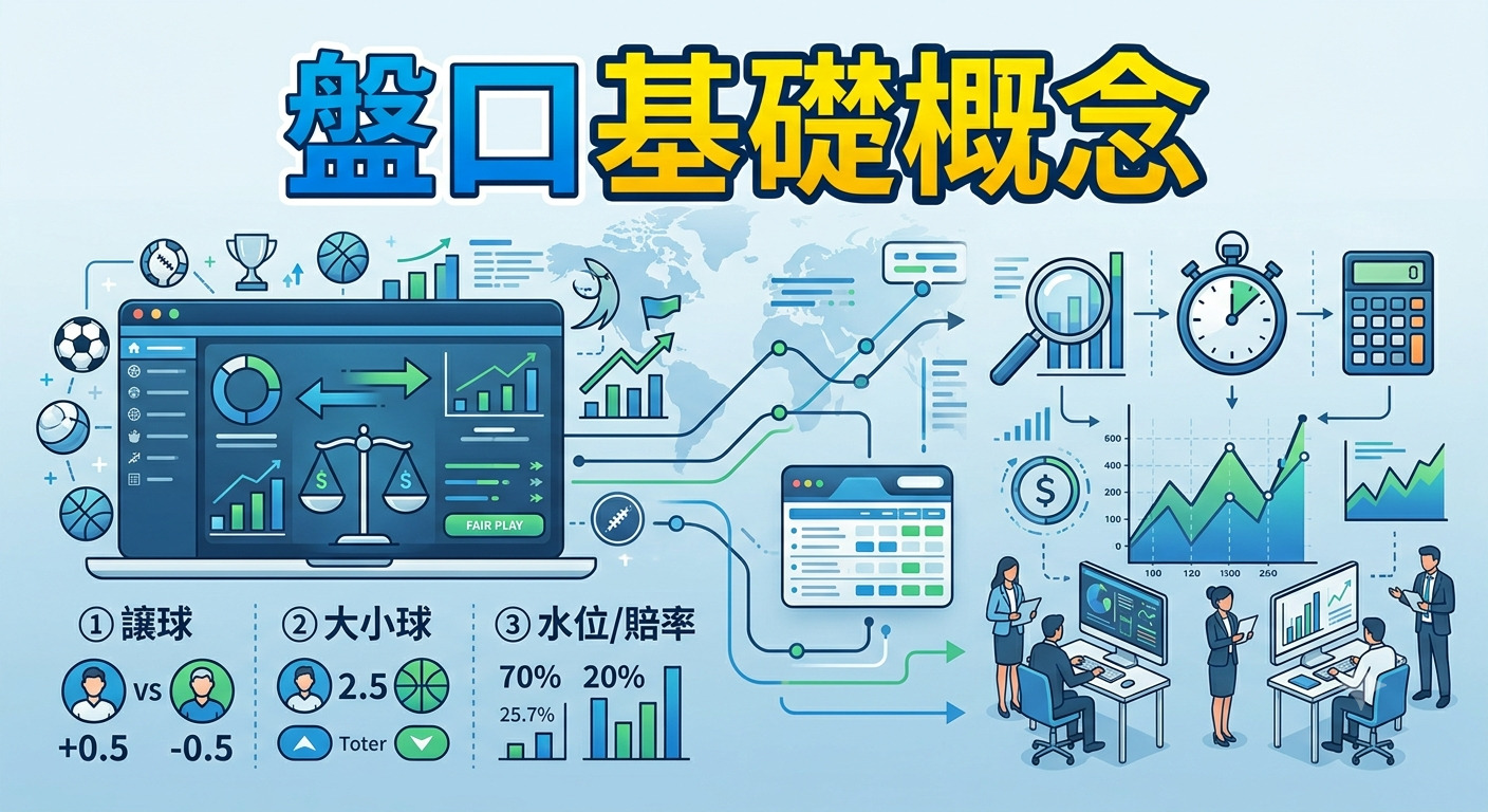 這張圖片標題為「盤口基礎概念」，展示了體育賽事數據分析與盤口資訊的圖解示意圖。 畫面整合了讓球、大小球與賠率等專業術語，並輔以統計圖表與分析人員的工作場景，呈現數據化的投資分析流程。