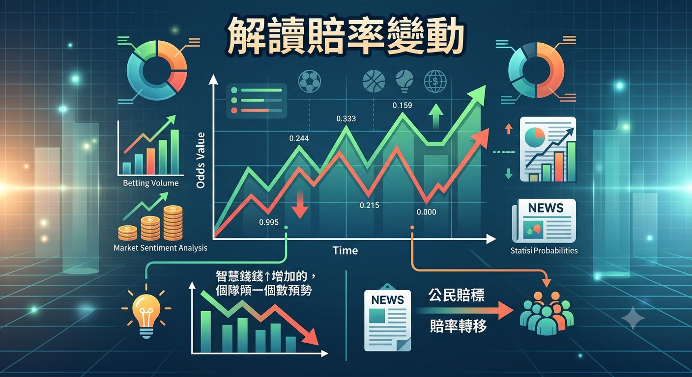這張圖片的主題為「解讀賠率變動」，以數據圖表的形式呈現了市場分析、趨勢預測與賠率轉移的過程。 透過走勢圖與統計資料，視覺化展示了體育賽事中資訊如何影響賠率變動及投資決策。