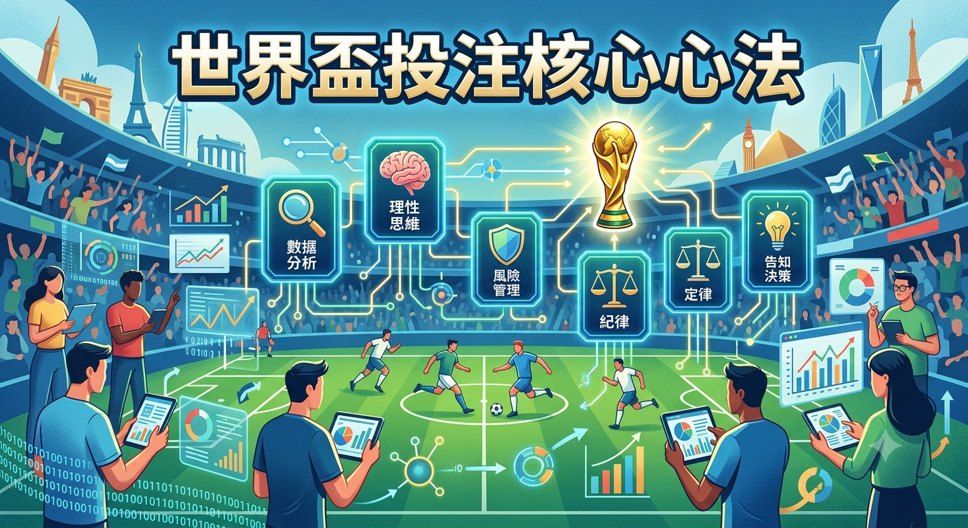 這張圖片以足球場為背景，展現了結合數據分析、理性思維與風險管理的投注核心心法。 透過人們使用平板電腦與數位圖表的互動，傳達出以紀律與策略進行決策的專業博弈概念。