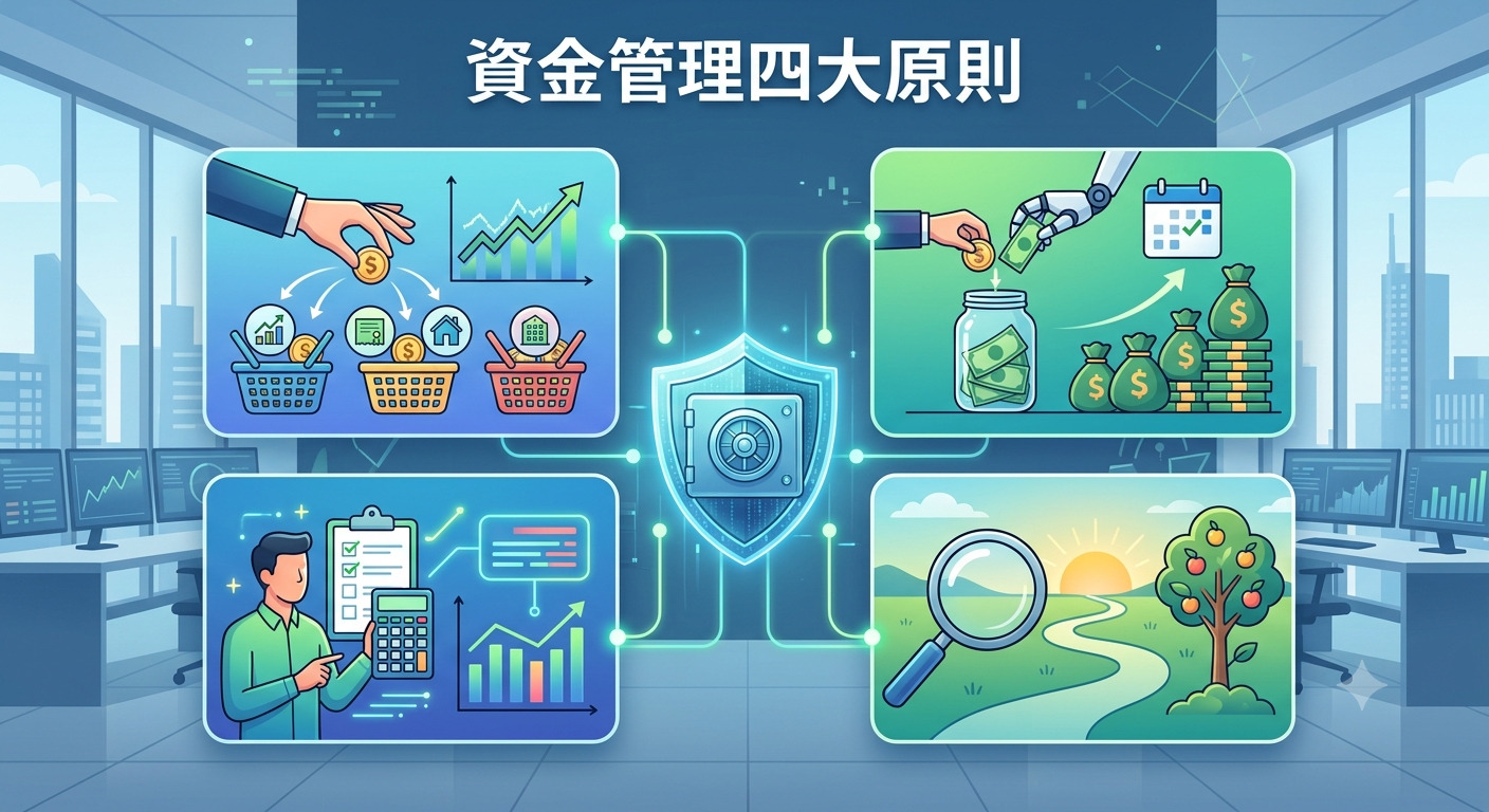 這張圖片展示了資金管理的四大核心原則，包含分散風險、定期定額、控制支出與長期規劃。 畫面中央設有保險箱圖示，象徵在紀律與專業分析下，達成資產安全、增長及穩健收益的目標。