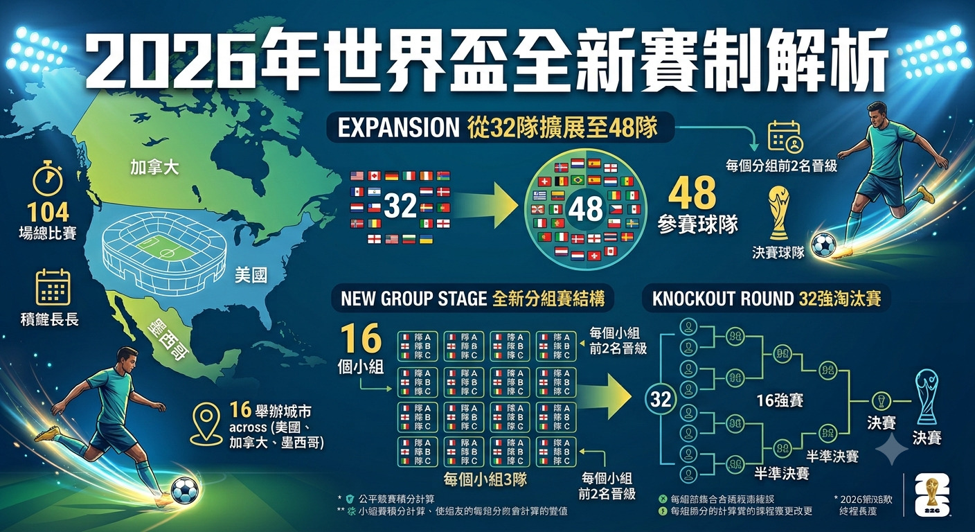 這張圖表詳細解析了2026年世界盃的全新賽制，展示了參賽隊伍從32隊擴增至48隊的架構。 內容涵蓋了16個小組的新分組結構、淘汰賽賽程以及北美三國共同舉辦的賽事概況。