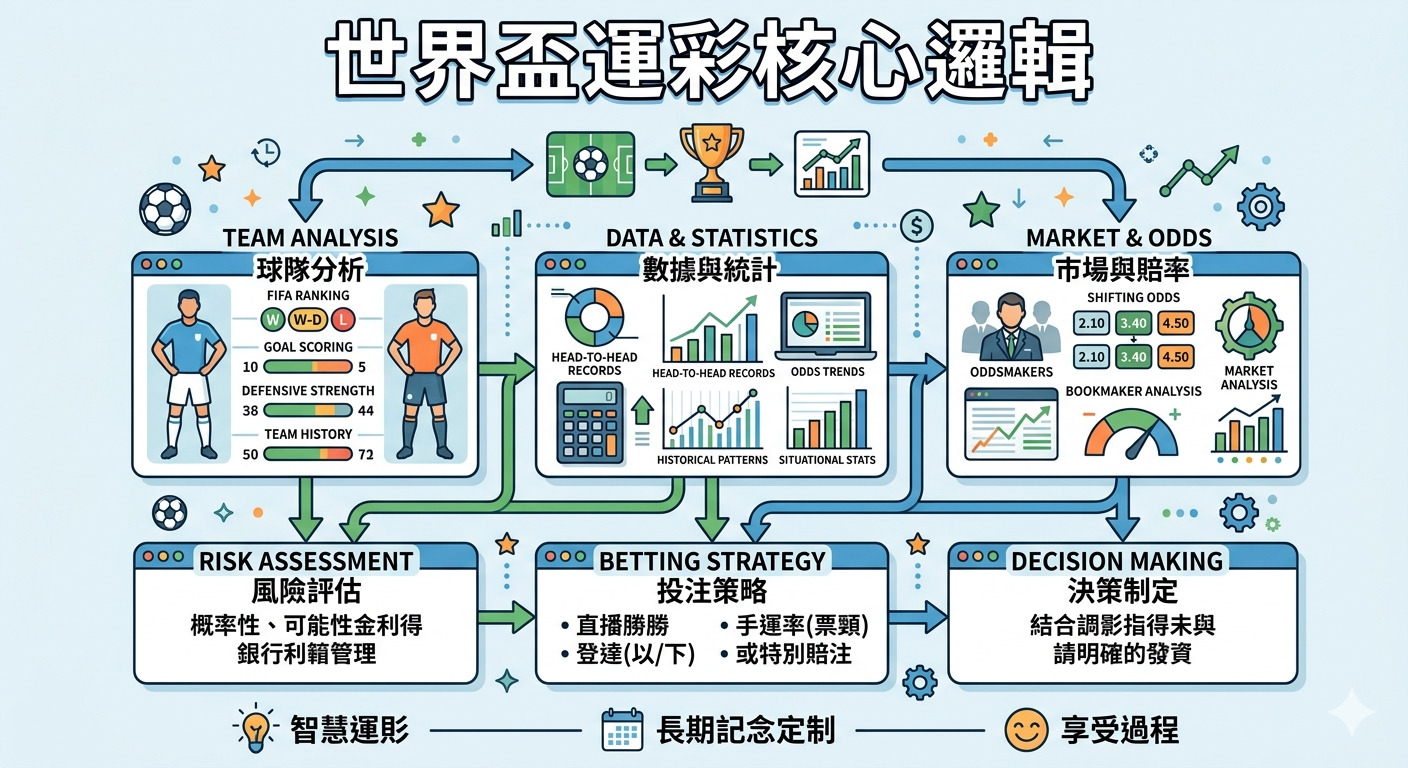 這張資訊圖表展示了世界盃運彩的核心邏輯，涵蓋了球隊分析、數據統計與市場賠率的運作流程。 圖中進一步整合了風險評估、投注策略與決策制定，呈現出理性運彩分析的完整架構。