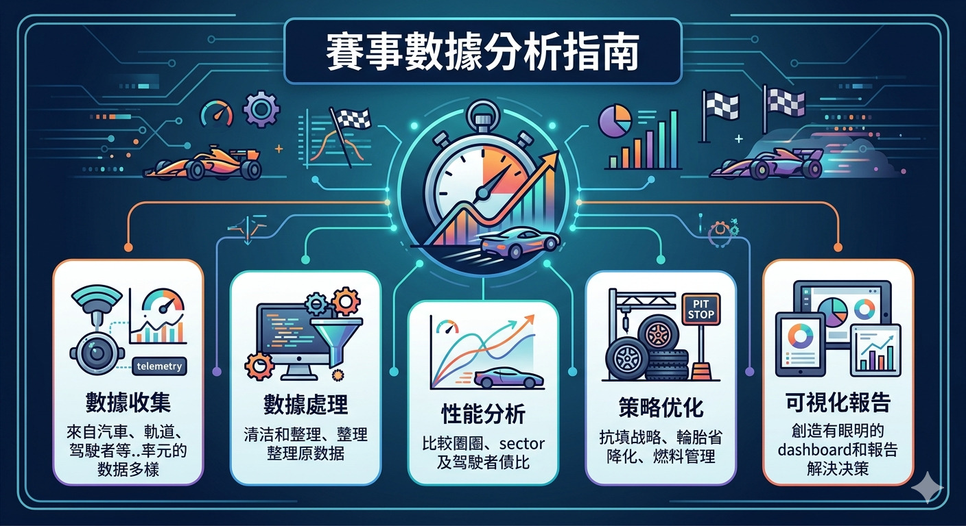 這是一張關於「賽事數據分析指南」的資訊圖表，以科技感風格呈現了數據收集、處理、分析、策略優化及視覺化報告的過程。 圖像中央以計時器為核心，結合賽車元素與圖表數據，生動展示了賽車領域中提升性能與制定策略的系統化流程。
